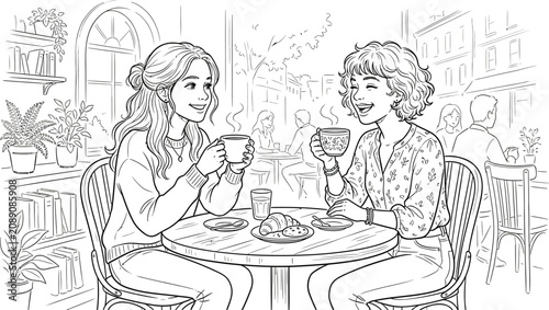 Two women enjoy coffee and conversation at a cozy cafe table with pastries and drinks