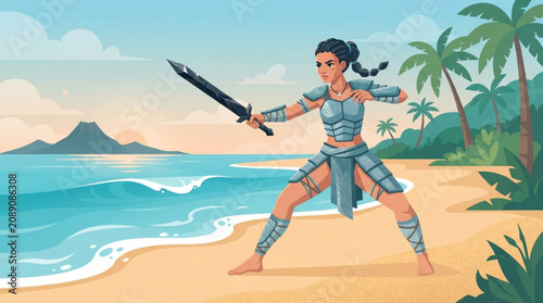 A determined female warrior in armored gear practices her sword fighting skills on a serene tropical beach during a calm with warrior standing defensive
