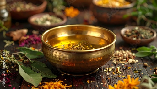 Golden Ayurvedic herbal oil in a brass bowl surrounded by organic medicinal herbs and spices, wellness and spa background
