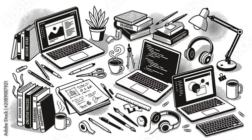 Quadro su tela Creative Workspace: Laptops, Books, Art Supplies, and Coffee - Hand-Drawn Style
