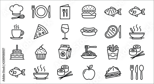 Photos Food and cutlery line icons on a white background apple bento box burger cake ch
