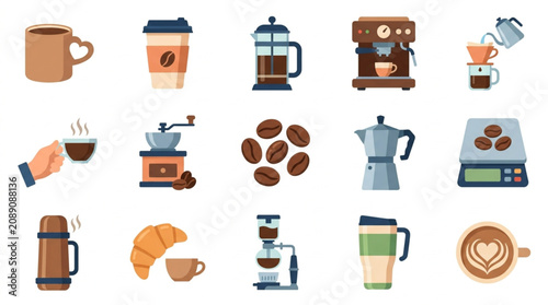 Collection of Coffee Related Items and Drinks.