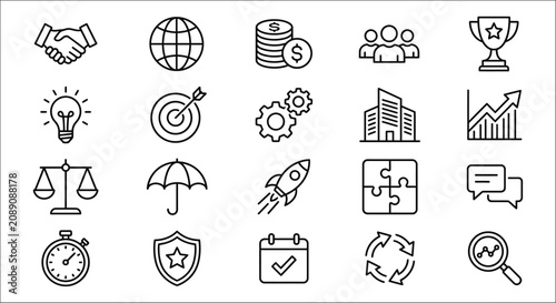 Cuadro en lienzo Line icons set featuring handshake globe coins people trophy and more on white b