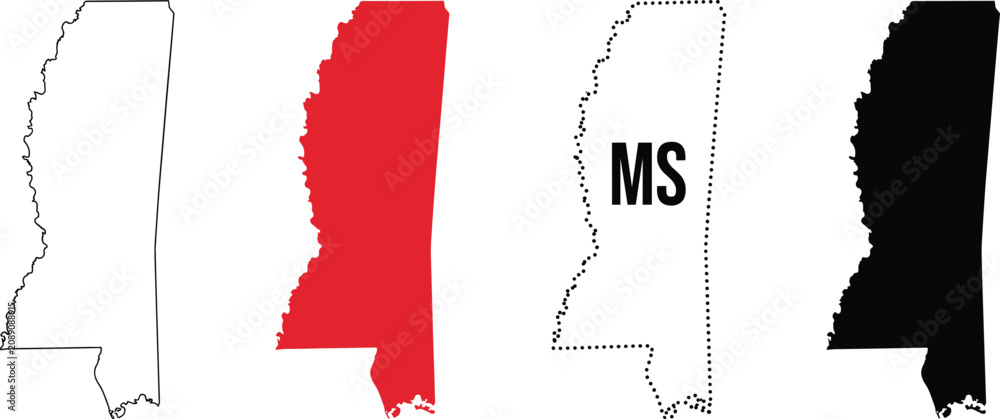 Foto Mississippi state map vector set with line solid dotted silhouette shapes and MS