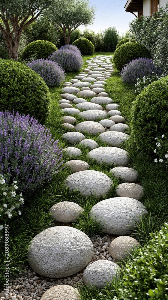 Naklejka premium Serene Garden Pathway Lined with Lavender and Lush Greenery, Stone Steps Leading Through Beautiful Landscape