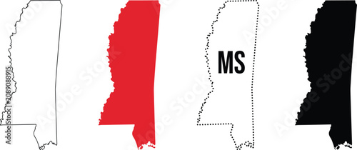 Foto Mississippi state map vector set with line solid dotted silhouette shapes and MS
