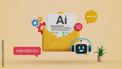 Email Automation Concept, Use AI Email to Schedule and Trigger Customer Messages to Audience, Customer Support, AI Helpdesk. AI Chatbot Email Assistant. 3D Illustration
