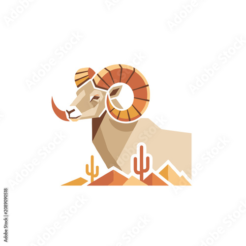 Desert bighorn sheep ram with large spiral horns overlooking a hot desert landscape with cactus and mountains.