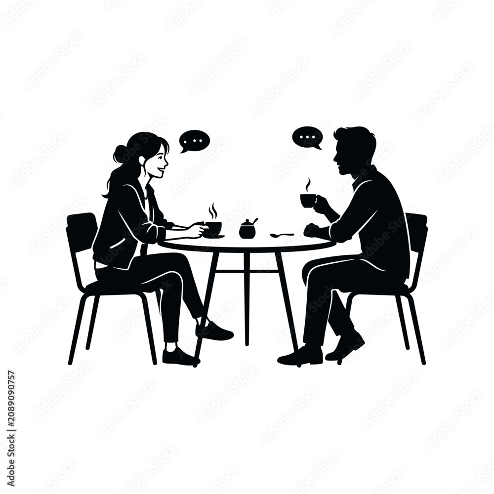 Fototapeta premium Coffee Chat and Conversation,People Talking Over Coffee at Cafe Table Silhouette Vector