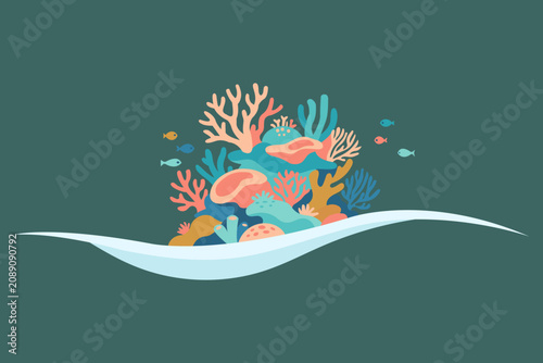 Colorful Coral Reef Underwater Flat Vector Illustration with Tropical Fish and Ocean Waves