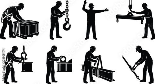 Photos Set of black silhouettes of construction riggers and industrial workers handling