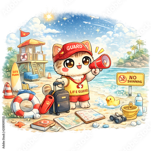 lifeguard kitten, cute kitten, sunny beach, kawaii cat, beach lifeguard, adorable kitten, summer vacation, lifeguard tower, rescue float, tropical beach, ocean waves, beach safety, cartoon cat, playfu