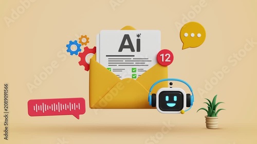 Email Automation Concept, Use AI Email to Schedule and Trigger Customer Messages to Audience, Customer Support, AI Helpdesk. AI Chatbot Email Assistant. 3D Video Animation