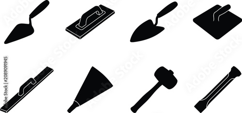 Photos Set of bricklaying and masonry hand tools including trowels hammer and floats ve