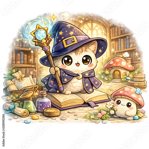 magical library keeper, glowing staff, enchanted library, fantasy librarian, mystical guardian, ancient books, spellbook collection, magical archives, wizard character, fantasy illustration, glowing m