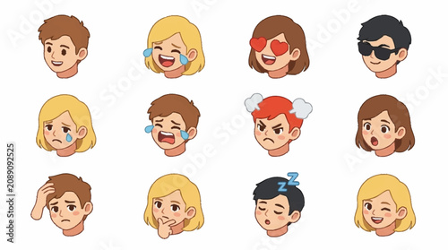 Принти на полотні Colorful cartoon character faces with various expressions.