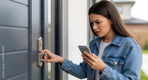 Confused young woman holding smartphone and trying to open the front door of her house.