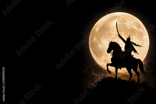 Silhouette of a mounted warrior raising a sword against a full moon backdrop