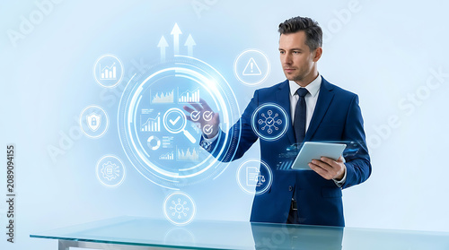 Businessman Examining Data Displayed On A Tablet With Circular Chart Overlays executive