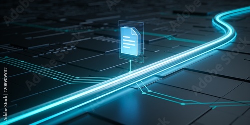 Digital document evidence capture from continuous data workflow with glowing routing stream and dark technology background for audit trail and process control banner