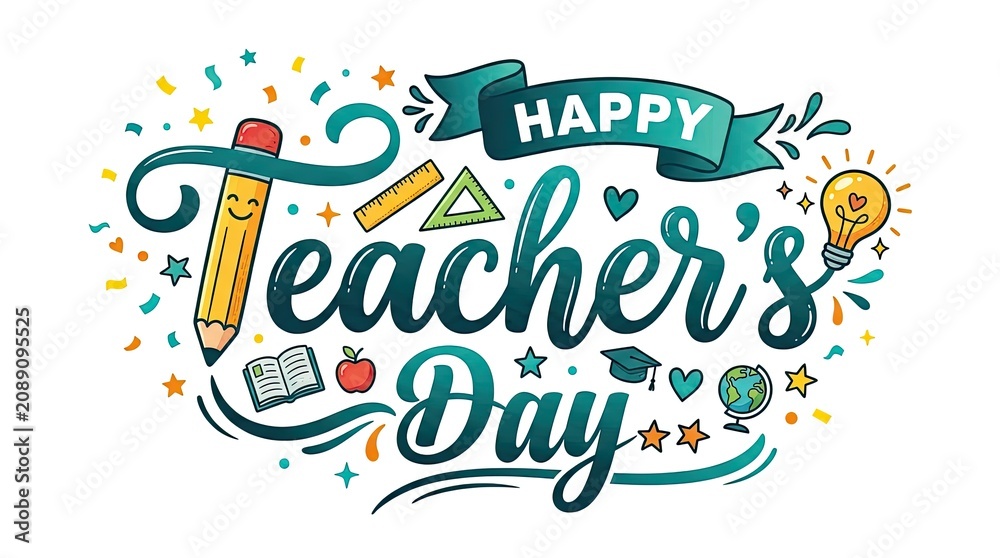 Obraz premium Happy teacher's day celebration with colorful school icons