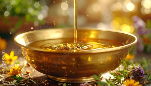 Golden herbal oil pouring into a brass bowl with dreamy glowing bokeh, luxury spa wellness and aromatherapy concept