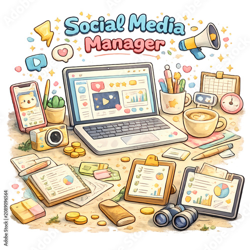 social media manager, workspace illustration, digital marketing, content creator, social media marketing, content planning, marketing workspace, laptop desk, smartphone, analytics dashboard, schedulin