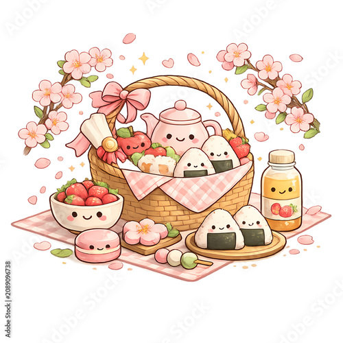 springtime sakura picnic, cherry blossom picnic, cute treats, sakura season, kawaii food, spring illustration, picnic basket, blooming cherry trees, pastel colors, Japanese spring, hanami picnic, swee