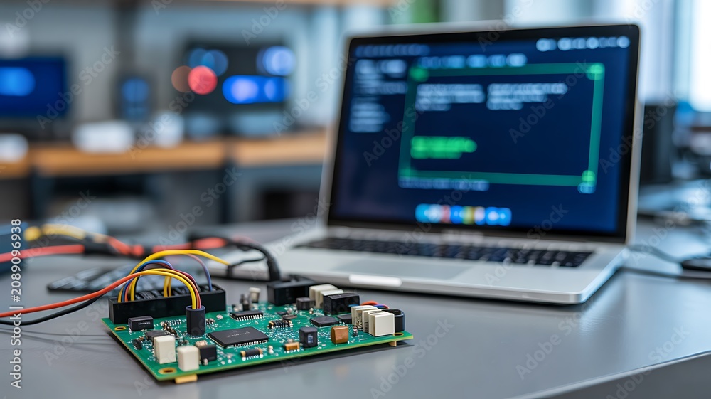 Fototapeta premium Embedded system development with microcontroller board and software programming workstation