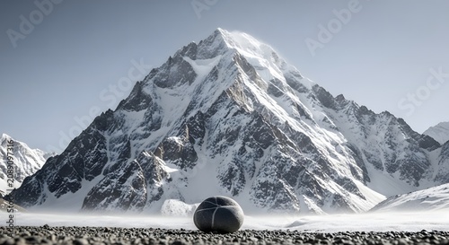 Majestic snow-covered mountain peak with a unique textured rock in the foreground, under a clear sky.