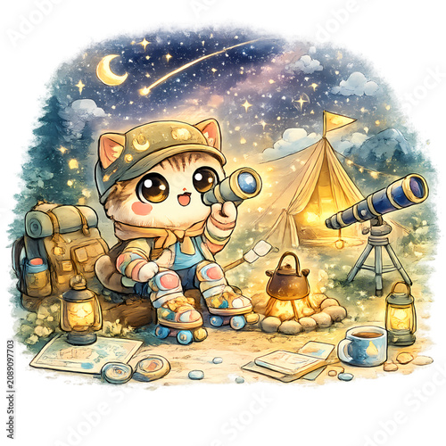 starry camping adventure, kitten camping, cute kitten, campfire, night sky, starry sky, tent camping, woodland adventure, cozy campsite, adorable cat, forest camping, outdoor exploration, camping trip