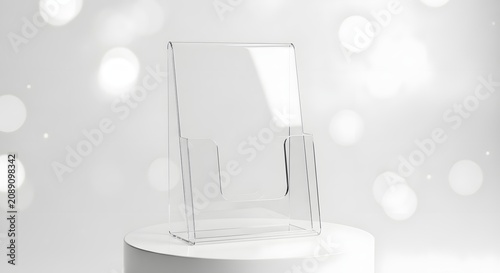 Clear acrylic display stand on a white pedestal with bokeh background, perfect for showcasing brochures or flyers in a retail or office setting.