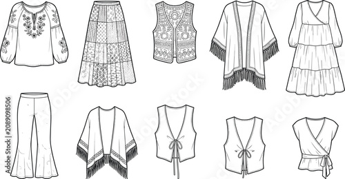Obraz na płótnie Bohemian style fashion technical sketch vector collection featuring embroidered