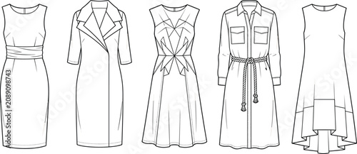 Bild auf Leinwand Set of women dress fashion technical sketches and apparel design templates isola
