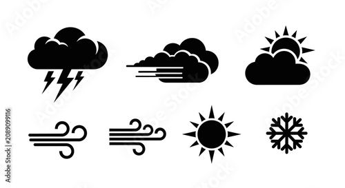 Fotografie Weather forecast icons for rain wind sun with icons including symbols black whit