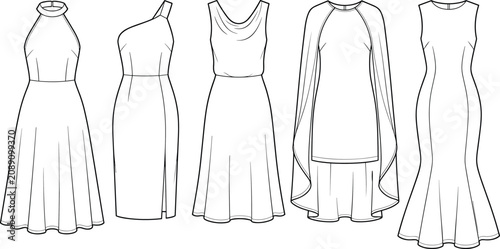 Konstfotografi Women evening dress fashion technical flat sketches set apparel design illustrat