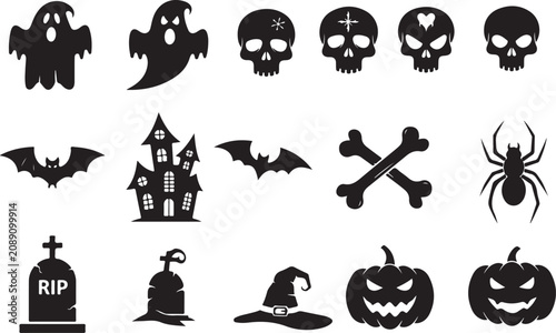 Canvas Print Halloween ghost icon bundle vector creepy silhouettes skull haunted set isolated