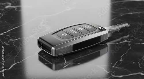 Modern car key with remote control functions resting on a reflective black marble surface, symbolizing security and automotive technology.