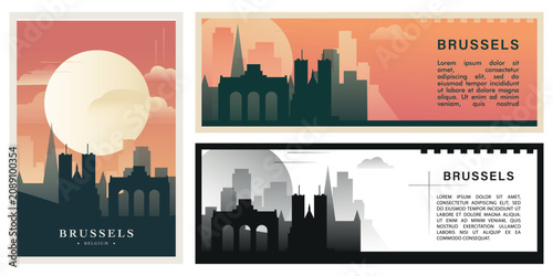 Brussels skyline illustration set with iconic landmarks. Brutalism Belgium city cityscape design pack for travel banners, tourism posters, and urban architecture concepts, social media, websites