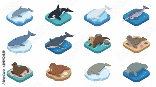 Konstfotografi Colorful Isometric Whales and Sea Lions on Ice Floes.