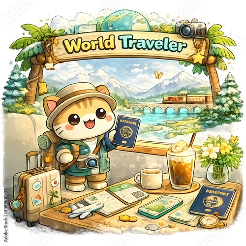 world traveler cat, adventure cat, traveling cat, cute cat illustration, explorer cat, suitcase, passport, travel accessories, globe, airplane, wanderlust, vacation, travel concept, cartoon cat, kawai
