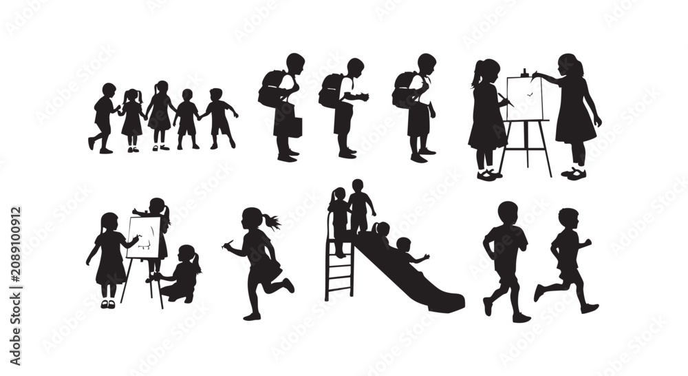 Obraz premium Children playing and school silhouettes featuring kids with backpacks painting and running for educational design vector.