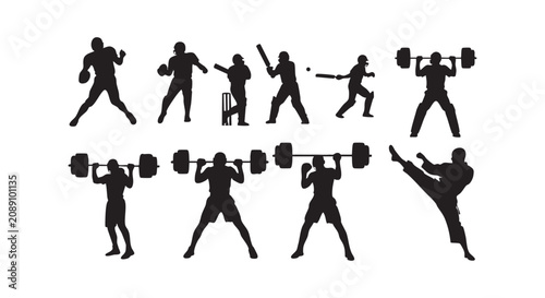 Collection of black athlete silhouettes showcasing weightlifting bodybuilding and combat sports techniques for display.