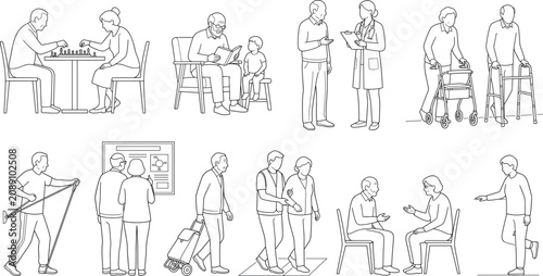 Line art vector collection of senior citizens engaging in daily lifestyle, healthcare, and leisure activities