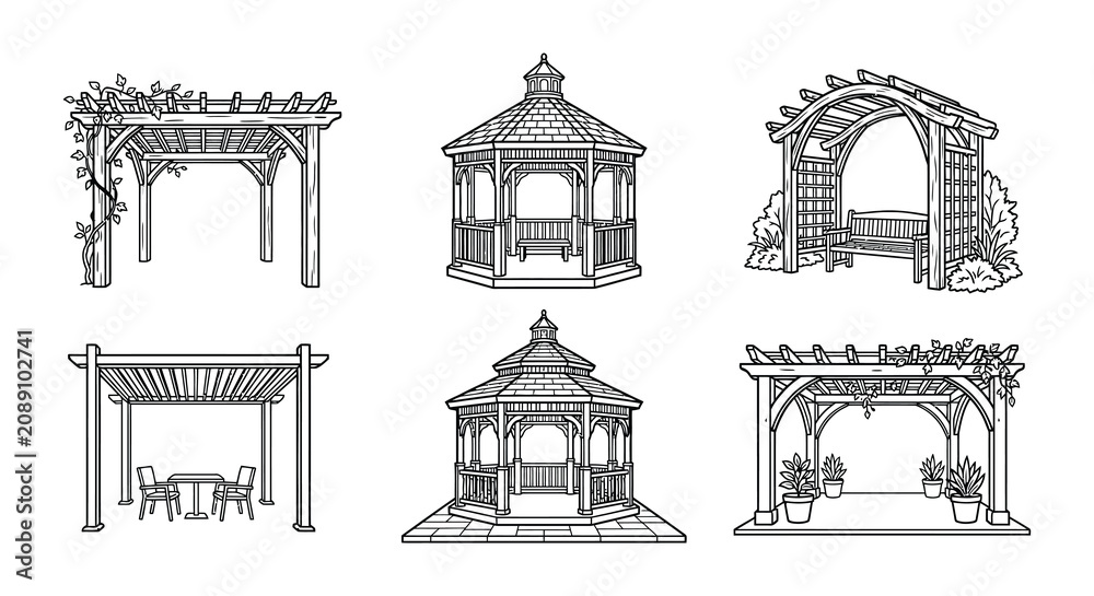 Fototapeta premium Garden structures vector illustrations line art with white background
