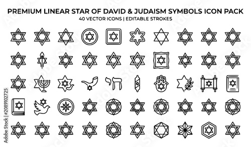 Editable Star of David Judaism Linear Icon Collection Vector Illustration