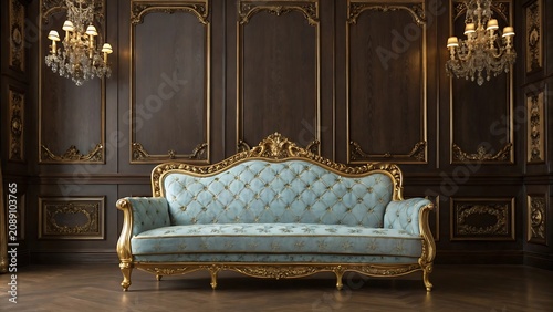Elegant light blue tufted sofa in classic room interior with ornate wood trim and crystal chandeliers, interior design