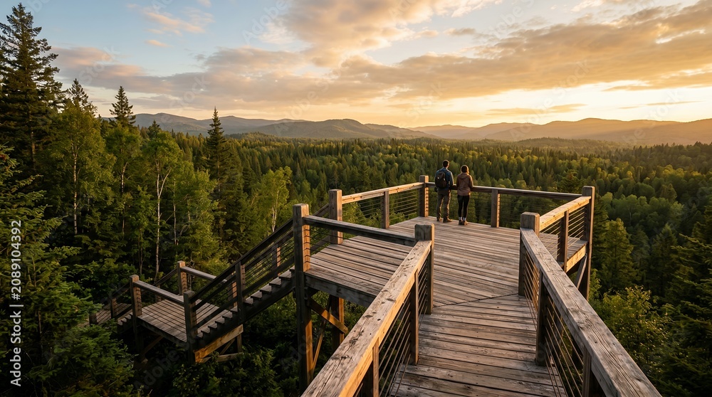 Obraz premium Wooden observation deck overlooking a vast forest at sunset.