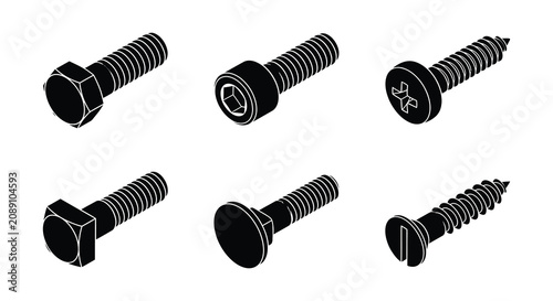 Konstfotografi Variety Of Screws And Bolts Black Vector Illustration On White Background