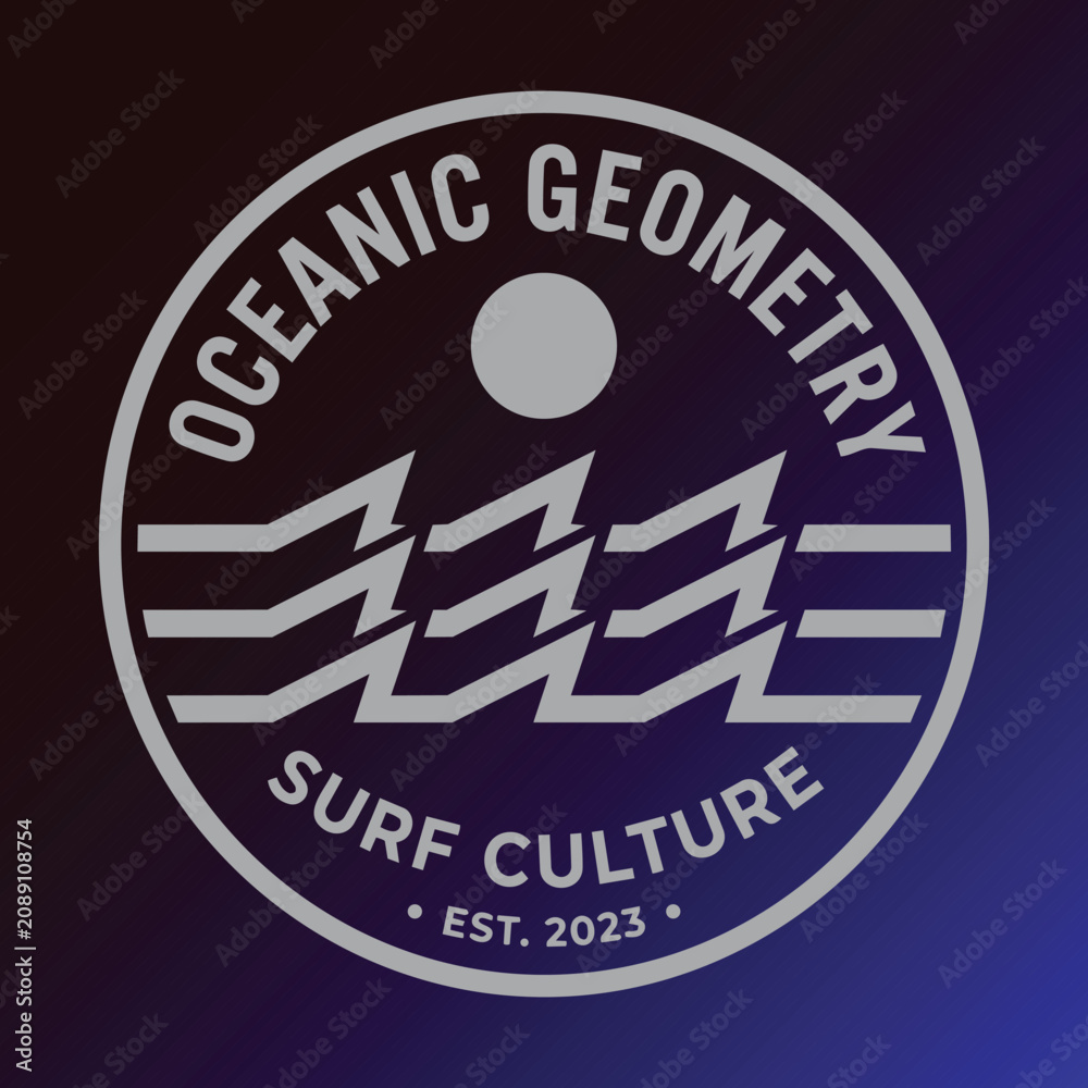 Fototapeta premium Abstract Geometric Ocean Wave Sun Vector Logo, Minimalist Circular Surf Culture Graphic for T-Shirt Print